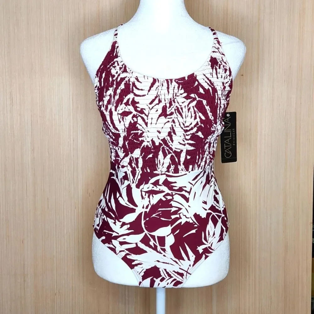 Catalina Tropical Palm Smocked Lace-Up Back Maroon One Piece Swimsuit Small Surf